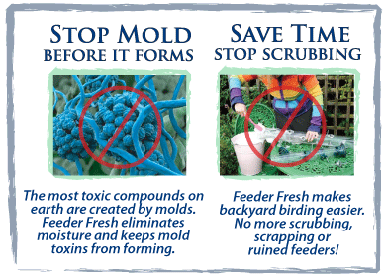 Stop mold before it forms. Save time, stop scrubbing. The most toxic compounds on earth are created by molds. Feeder Fresh™ eliminates moisture and keeps mold toxins from forming. Feeder Fresh makes backyard birding easier. No more scrubbing , scrapping or ruined feeders.